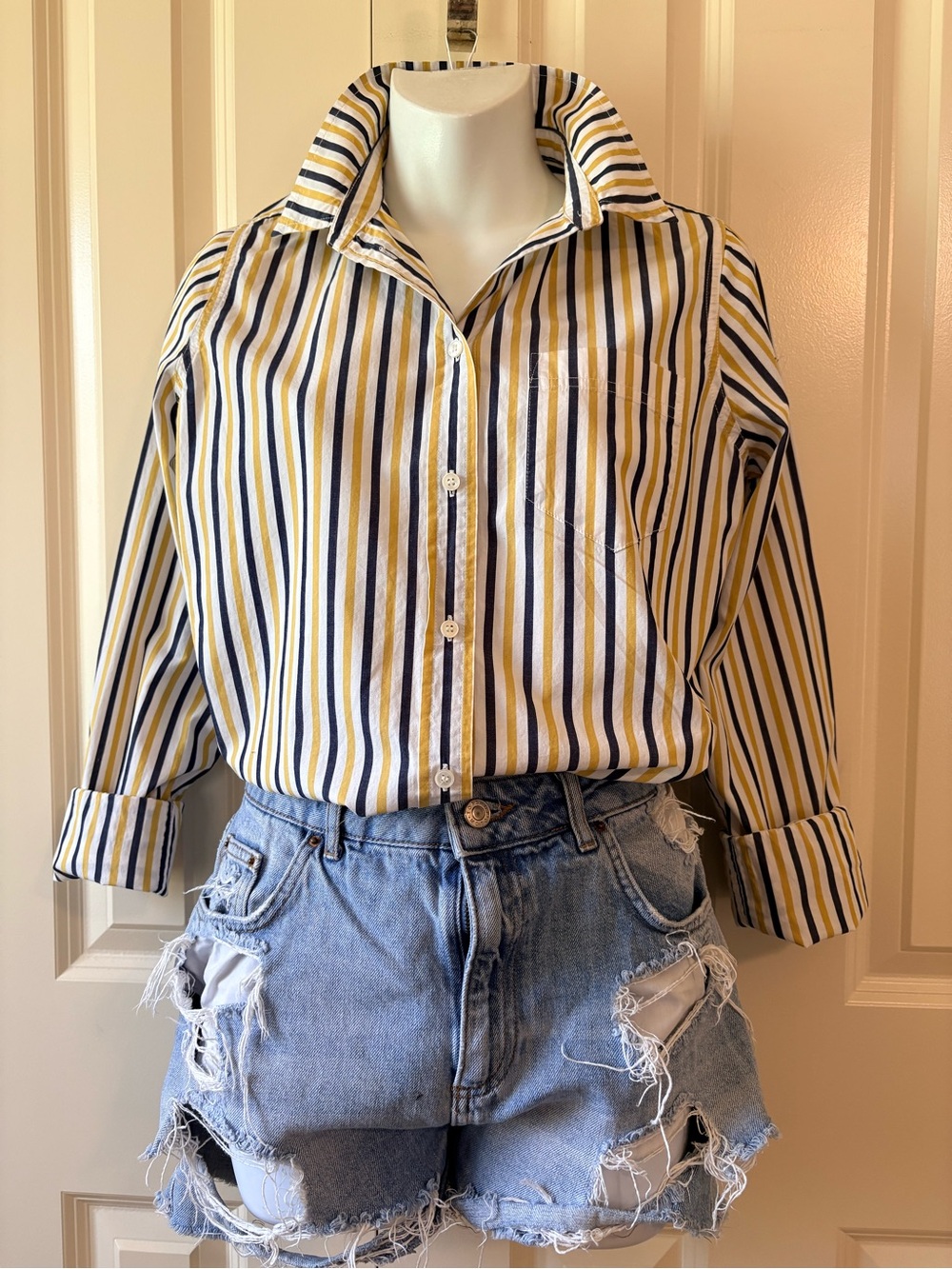 Striped Button-Up Shirt in Yellow, Navy & White, size 4